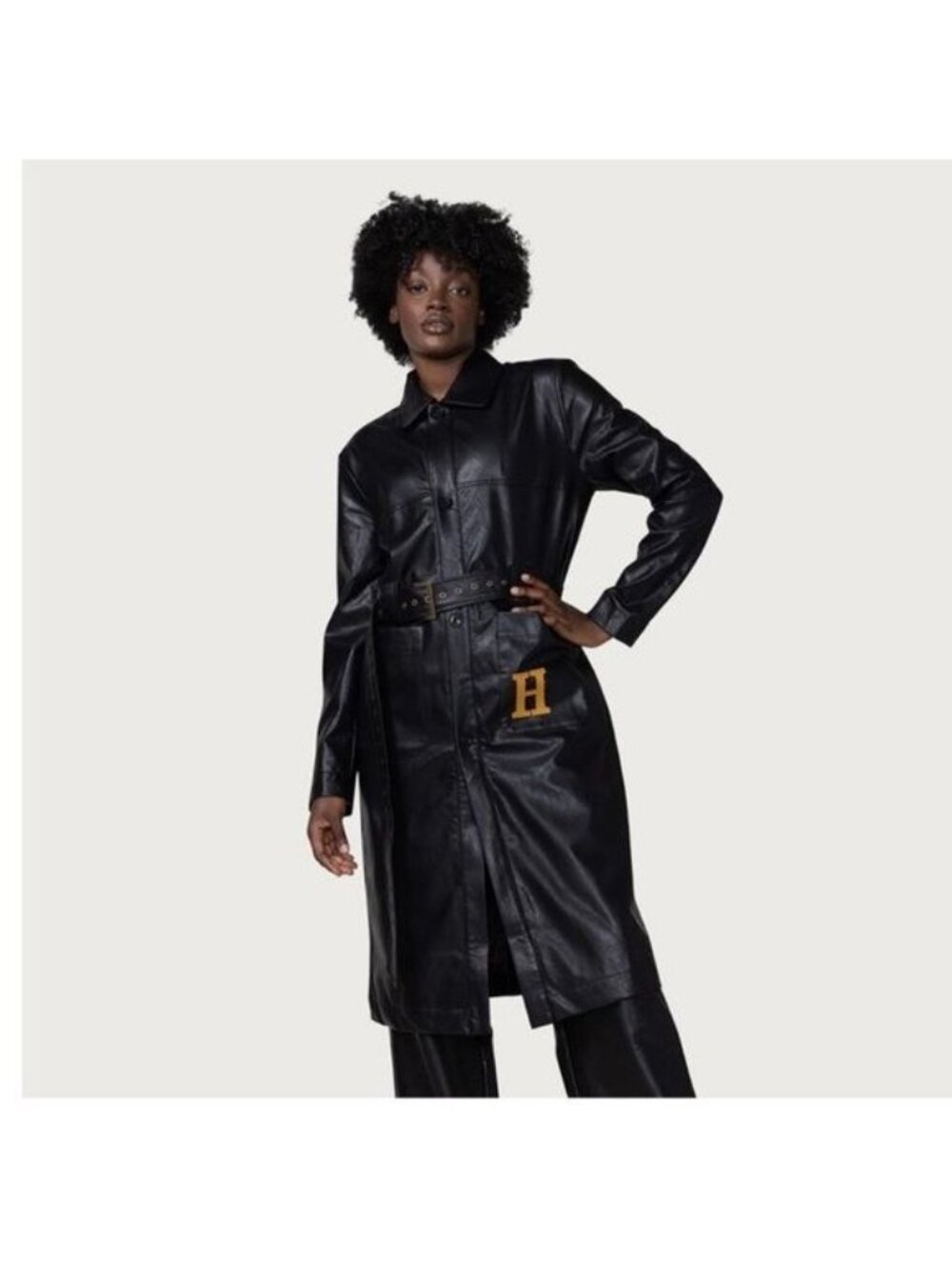 NWT Honor The Gift Vegan Leather Belted Trench Coat S Black Oversized Logo - Picture 6 of 15